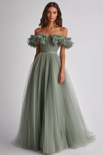 Dusty Sage Off the Shoulder Tulle Long Wedding Guest Dress with Ruffles