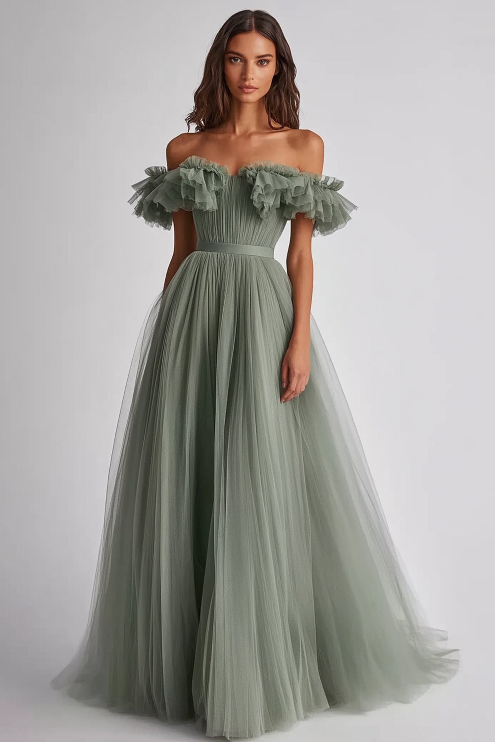 Dusty Sage Off the Shoulder Tulle Long Wedding Guest Dress with Ruffles