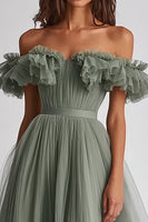 Load image into Gallery viewer, Dusty Sage Off the Shoulder Tulle Long Wedding Guest Dress with Ruffles
