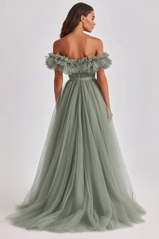 Dusty Sage Off the Shoulder Tulle Long Wedding Guest Dress with Ruffles