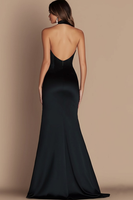 Load image into Gallery viewer, Simple Halter Satin Keyhole Long Black Tie Dress with Slit