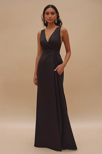 Satin V-Neck Long Satin Black Tie Dress