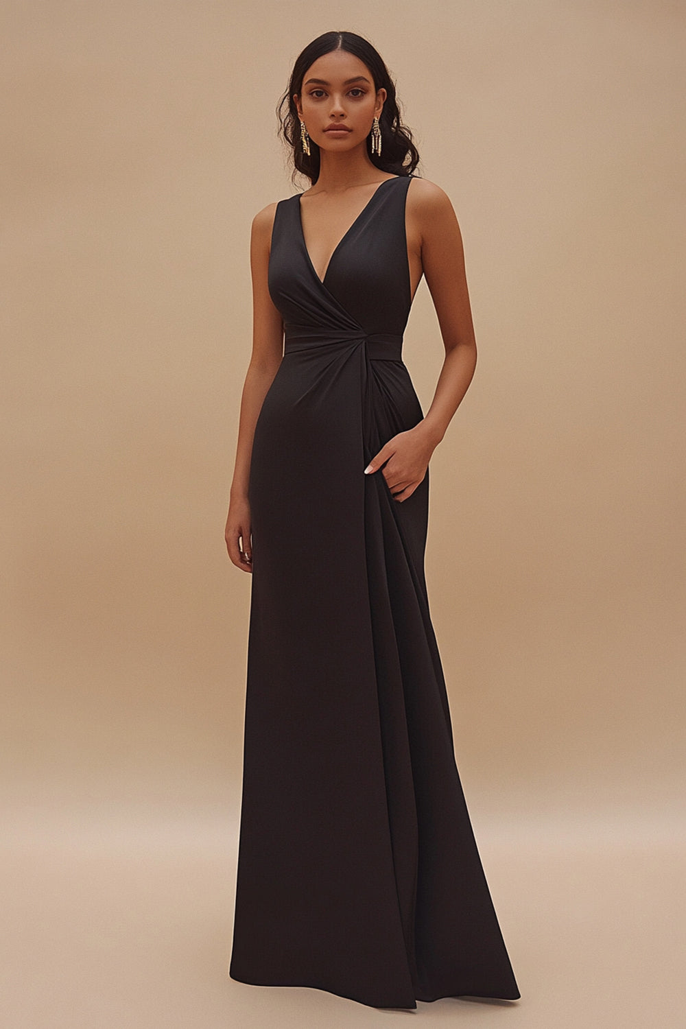 Satin V-Neck Long Satin Black Tie Dress