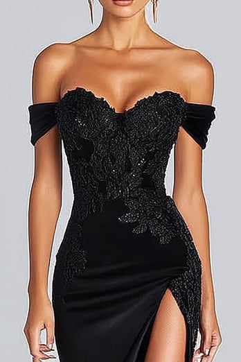 Off the Shoulder Appliqued Long Satin Black Tie Gala Dress with Slit
