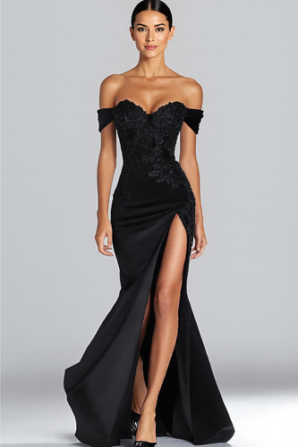 Off the Shoulder Appliqued Long Satin Black Tie Gala Dress with Slit