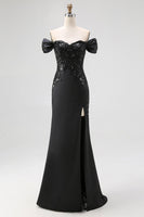 Load image into Gallery viewer, Off the Shoulder Appliqued Long Satin Black Tie Gala Dress with Slit