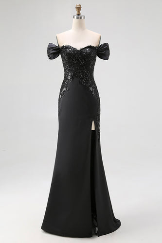 Black Mermaid Satin Off the Shoulder Appliqued Long Gala Dress with Slit