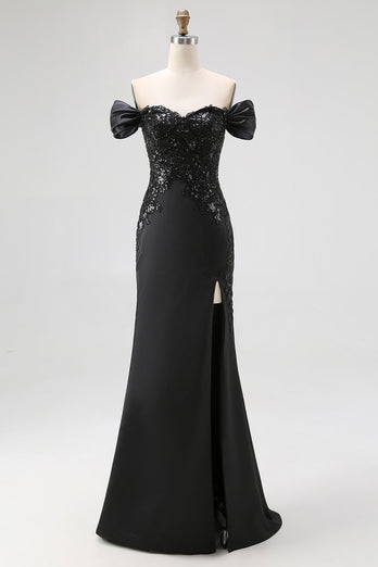 Black Mermaid Satin Off the Shoulder Appliqued Long Gala Dress with Slit