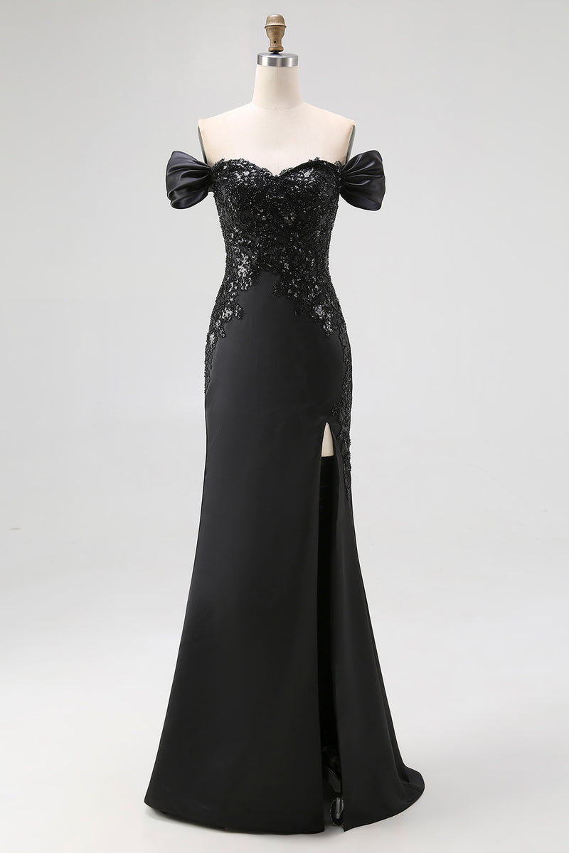 Load image into Gallery viewer, Black Mermaid Satin Off the Shoulder Appliqued Long Gala Dress with Slit