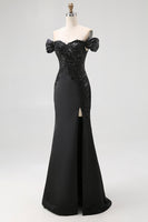 Load image into Gallery viewer, Off the Shoulder Appliqued Long Satin Black Tie Gala Dress with Slit