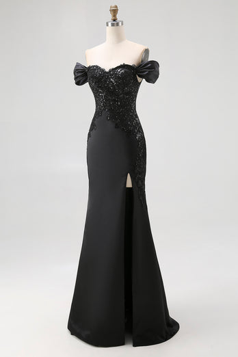 Black Mermaid Satin Off the Shoulder Appliqued Long Gala Dress with Slit