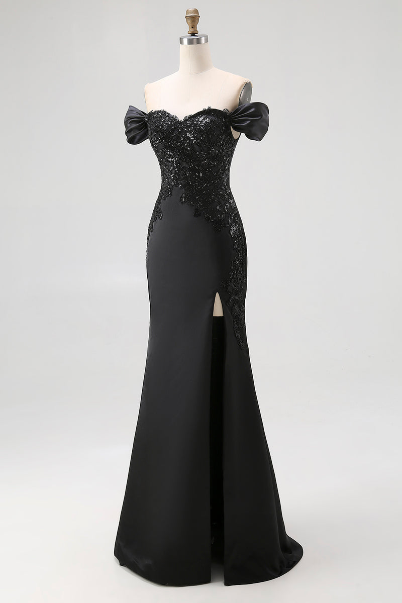 Load image into Gallery viewer, Black Mermaid Satin Off the Shoulder Appliqued Long Gala Dress with Slit