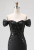 Load image into Gallery viewer, Black Mermaid Satin Off the Shoulder Appliqued Long Gala Dress with Slit