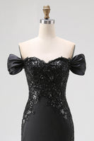 Load image into Gallery viewer, Black Mermaid Satin Off the Shoulder Appliqued Long Gala Dress with Slit