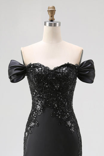 Black Mermaid Satin Off the Shoulder Appliqued Long Gala Dress with Slit