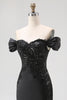 Load image into Gallery viewer, Black Mermaid Satin Off the Shoulder Appliqued Long Gala Dress with Slit