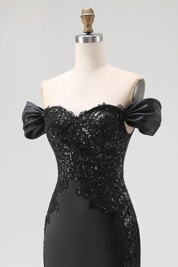 Black Mermaid Satin Off the Shoulder Appliqued Long Gala Dress with Slit
