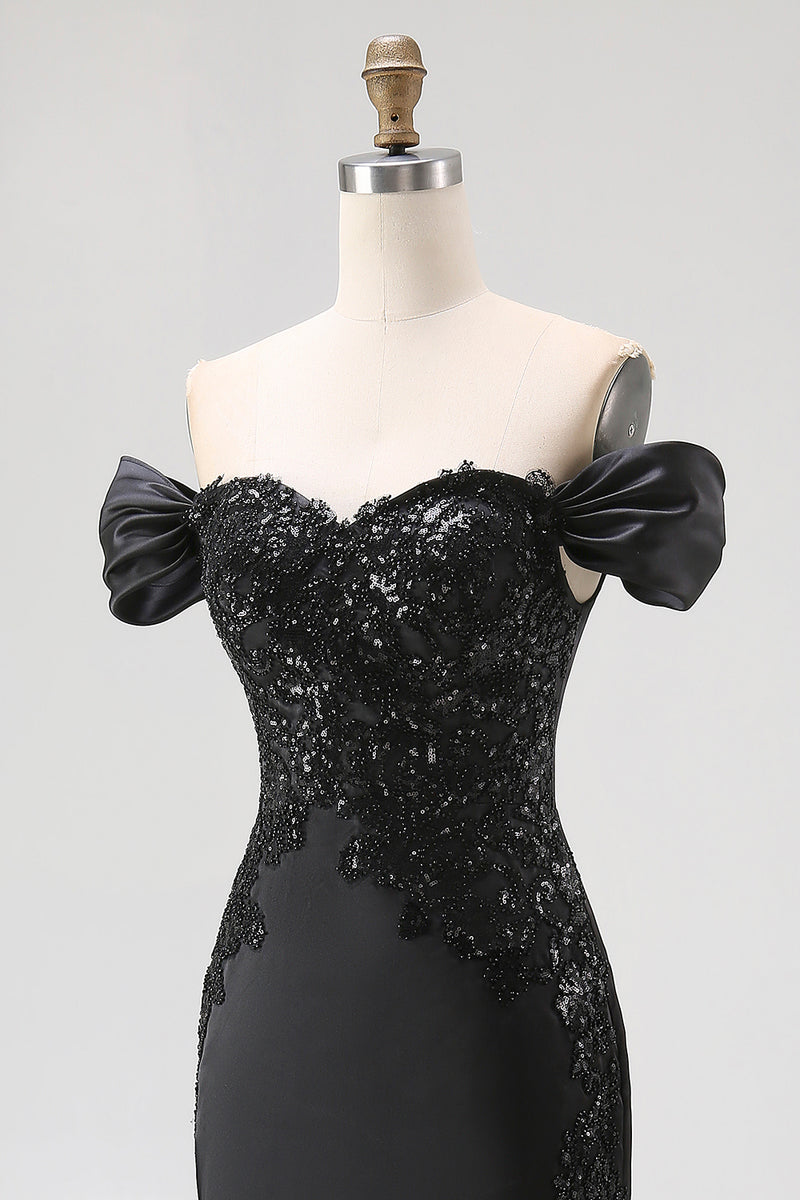 Load image into Gallery viewer, Black Mermaid Satin Off the Shoulder Appliqued Long Gala Dress with Slit