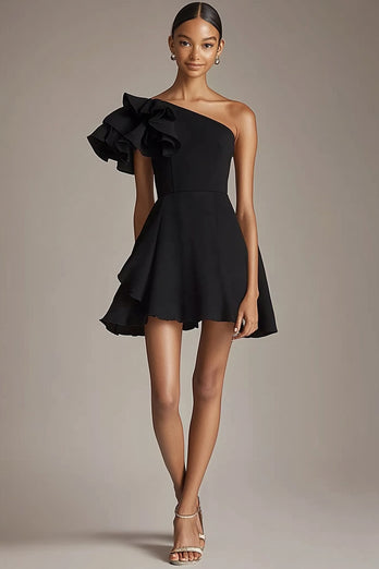 One Shoulder Satin A Line Little Black Dress
