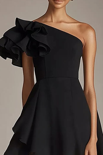 One Shoulder Satin A Line Little Black Dress