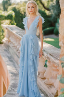 Load image into Gallery viewer, Sky Blue A Line Chiffon V-Neck Long Bridesmaid Dress with Ruffles
