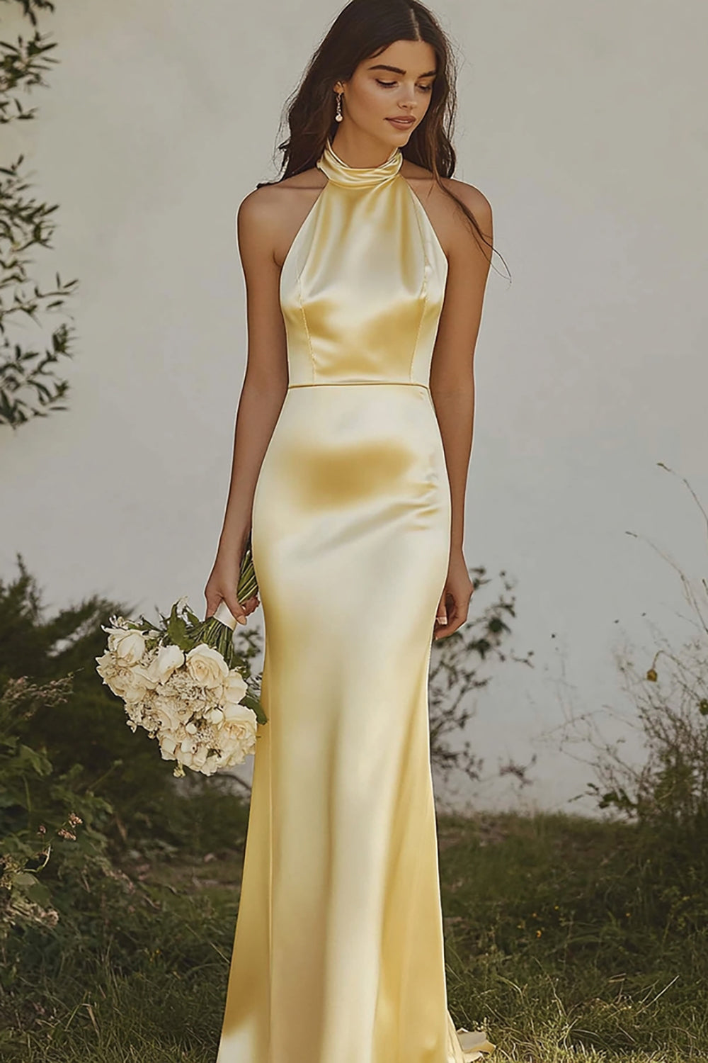 Queendancer Women Light Yellow Sheath Satin Bridesmaid Dress Halter Backless Long Wedding Guest Dress