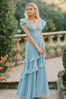 Load image into Gallery viewer, Sky Blue A Line Chiffon Deep V-Neck Long Bridesmaid Dress with Ruffles