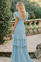 Load image into Gallery viewer, Sky Blue A Line Chiffon Deep V-Neck Long Bridesmaid Dress with Ruffles