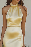 Load image into Gallery viewer, Light Yellow Halter Satin Sheath Long Formal Dress