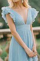 Load image into Gallery viewer, Sky Blue A Line Chiffon Deep V-Neck Long Bridesmaid Dress with Ruffles