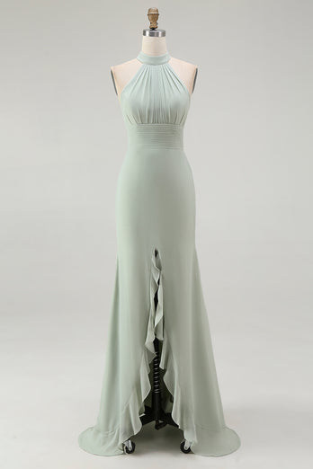 Dusty Sage Sheath Chiffon Pleated Halter Long Bridesmaid Dress