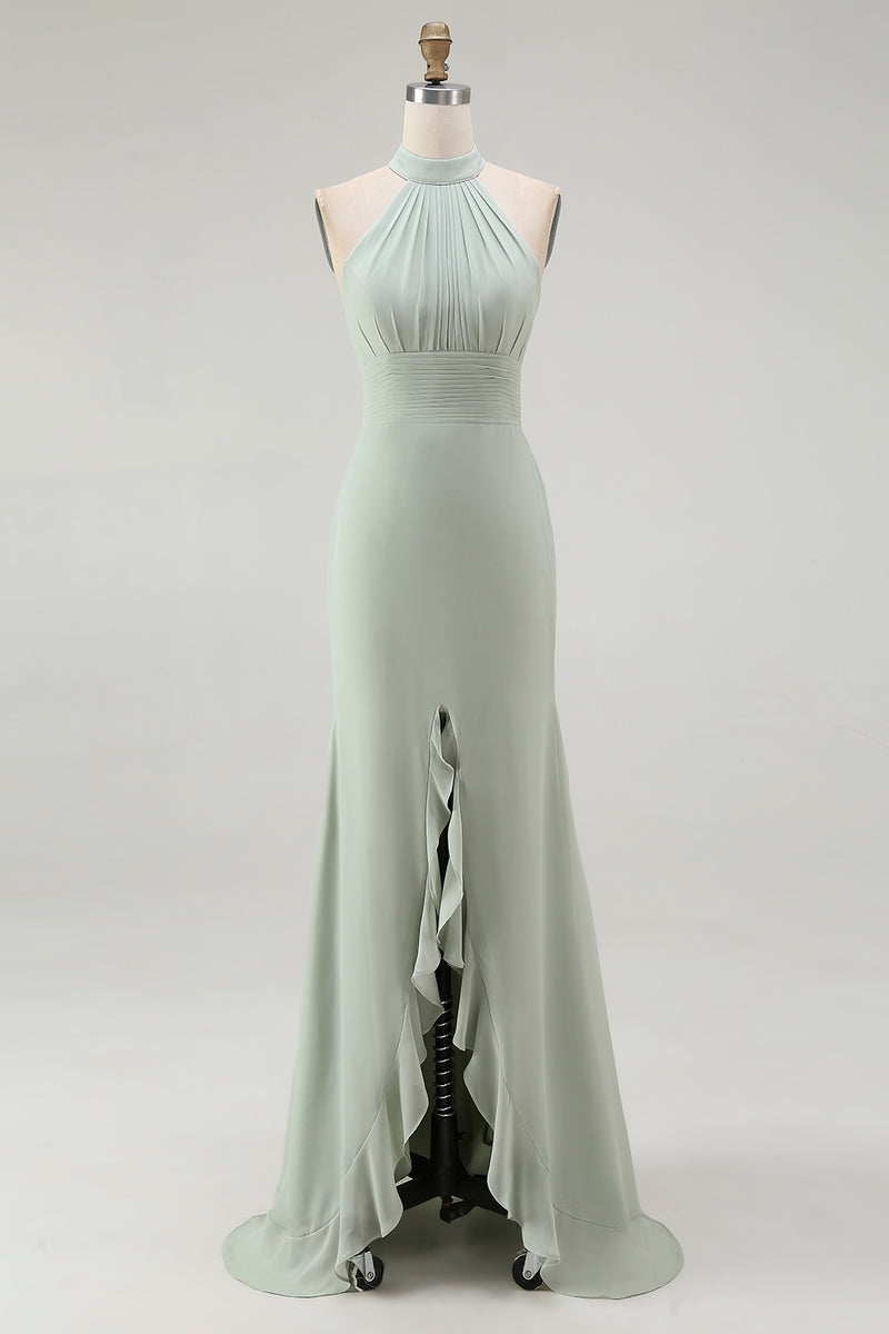 Load image into Gallery viewer, Dusty Sage Sheath Chiffon Pleated Halter Long Bridesmaid Dress