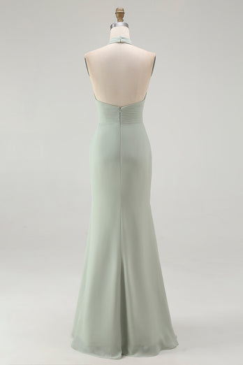 Dusty Sage Sheath Chiffon Pleated Halter Long Bridesmaid Dress