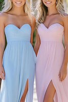 Load image into Gallery viewer, Sky Blue A Line Chiffon Sweetheart Long Bridesmaid Dress with Slit
