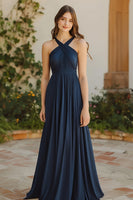 Load image into Gallery viewer, Navy A Line Pleated Chiffon Halter Long Bridesmaid Dress