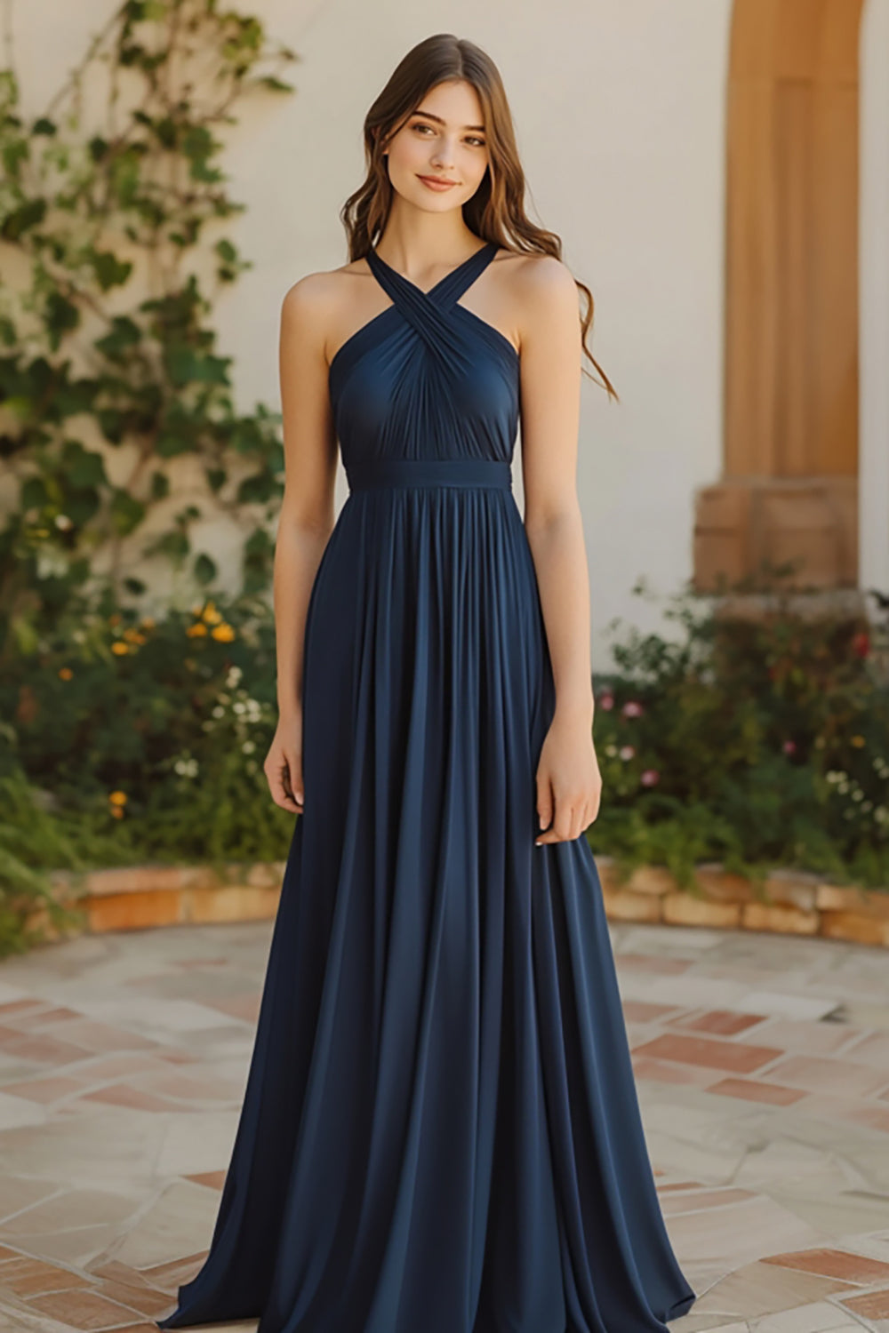 Navy A Line Pleated Chiffon Halter Long Bridesmaid Dress