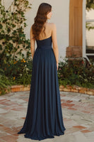 Load image into Gallery viewer, Navy A Line Pleated Chiffon Halter Long Bridesmaid Dress