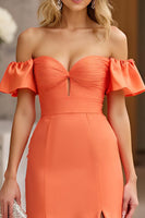 Load image into Gallery viewer, Orange Sheath Satin Off the Shoulder Prom Dress with Slit