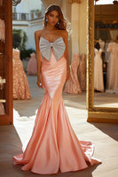 Load image into Gallery viewer, Pink Mermaid Satin Backless Prom Dress with Bow