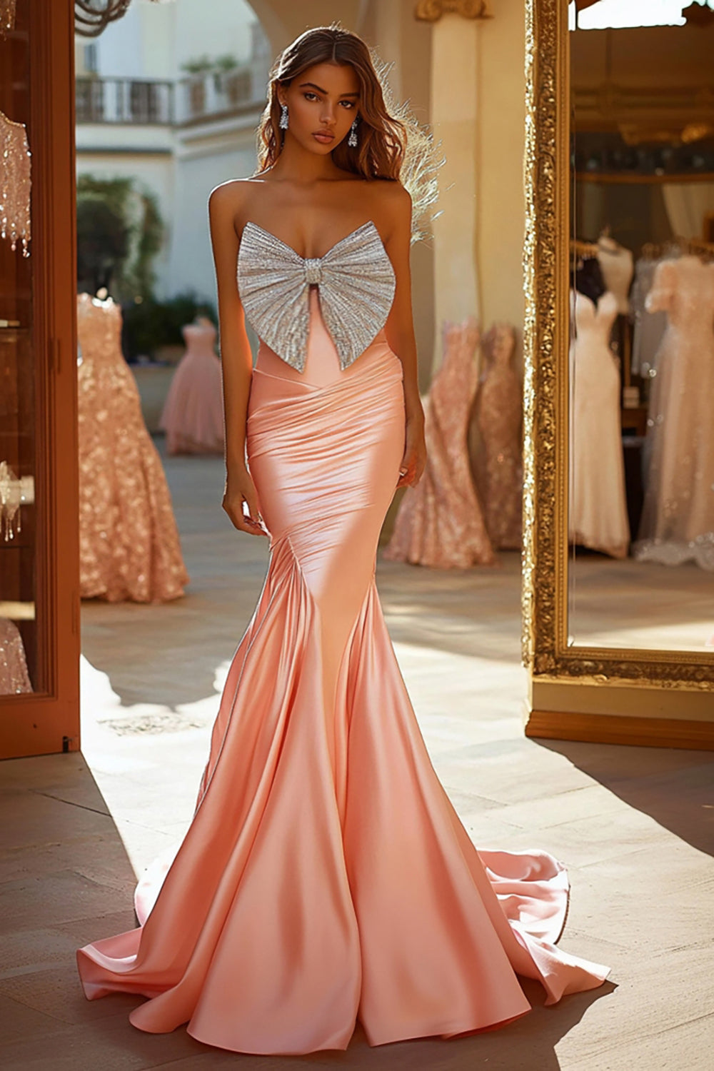 Pink Mermaid Satin Backless Prom Dress with Bow