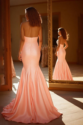 Pink Mermaid Satin Backless Prom Dress with Bow