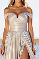 Load image into Gallery viewer, Metallic Silver A Line Off the Shoulder Prom Dress with Slit