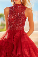 Load image into Gallery viewer, Sparkly Red A Line Tulle Tiered Prom Dress