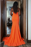 Load image into Gallery viewer, Orange Mermaid Satin Strapless Long Prom Dress with Slit