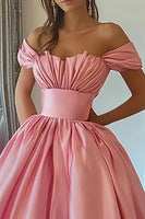 Load image into Gallery viewer, Pink A Line Satin Off the Shoulder Long Prom Dress