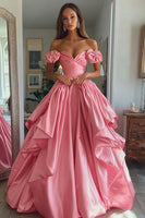 Load image into Gallery viewer, Pink A Line Satin Off the Shoulder Long Prom Dress with Ruffles