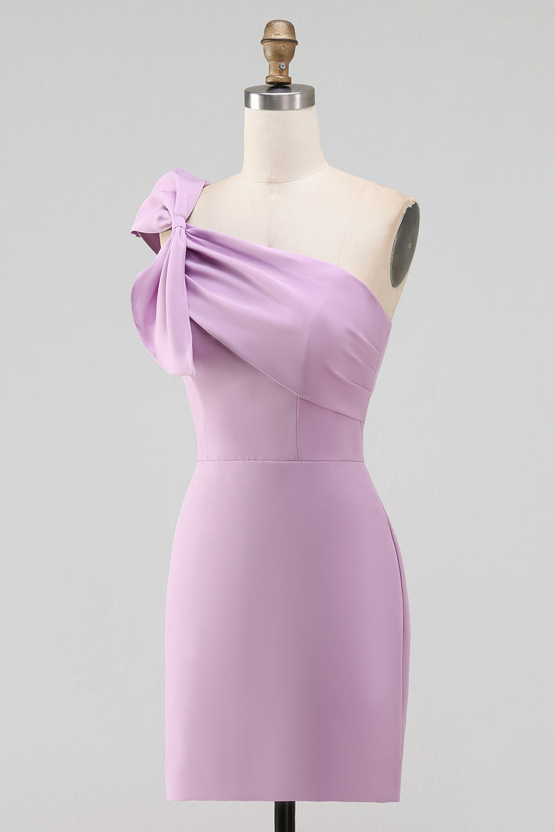 Load image into Gallery viewer, White Sheath Satin One Shoulder Graduation Dress with Bow