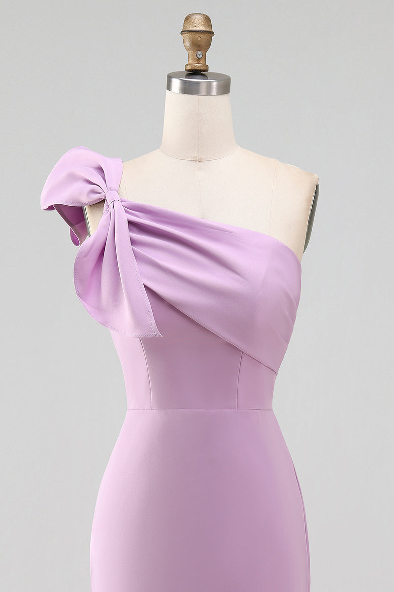 Load image into Gallery viewer, White Sheath Satin One Shoulder Graduation Dress with Bow