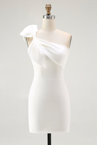 White Satin Sheath One Shoulder Short Graduation Dress with Bow