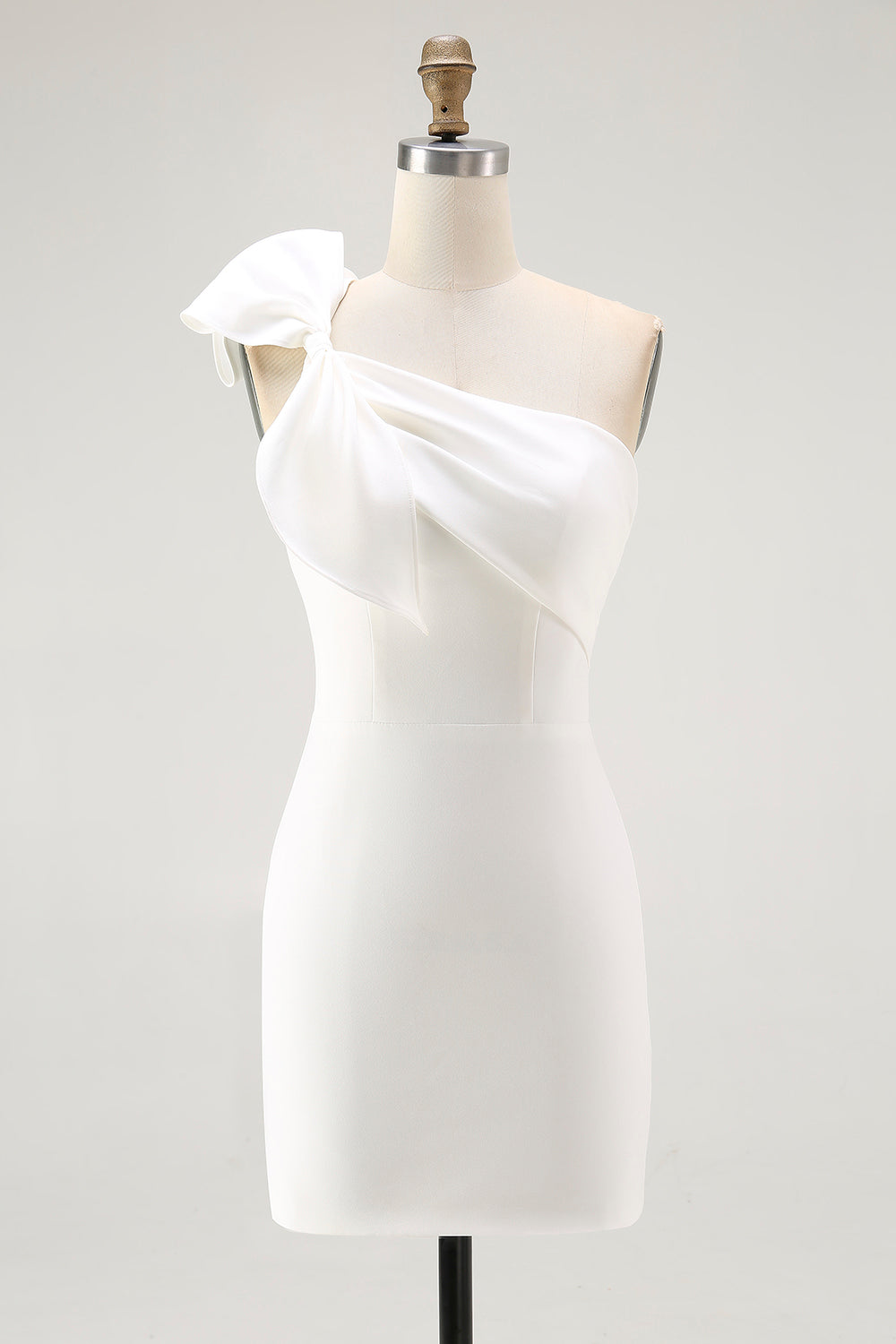 White Satin Sheath One Shoulder Short Graduation Dress with Bow